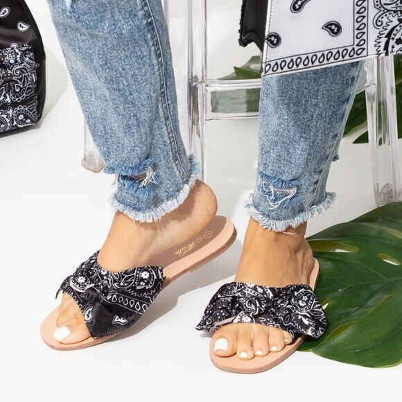 Black Bandana Bow Slides Sandals - Picture 2 of 9